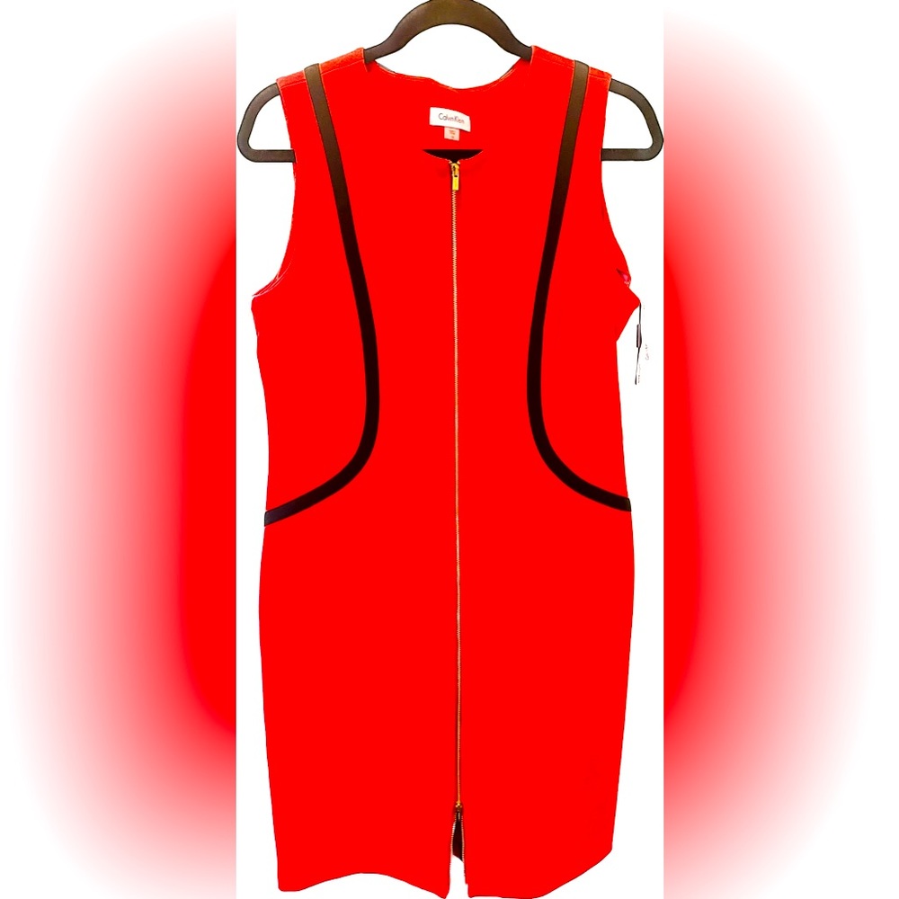 Calvin Klein Sleeveless Red and Black Gold Zipper Dress
